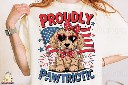 a woman wearing a t - shirt with a dog wearing sunglasses