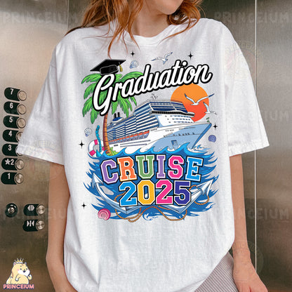 a woman wearing a graduation t - shirt with a cruise ship in the background