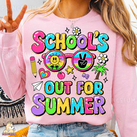 a woman wearing a pink sweatshirt that says school's out for summer