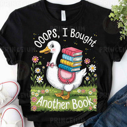 a black shirt with a duck holding a stack of books
