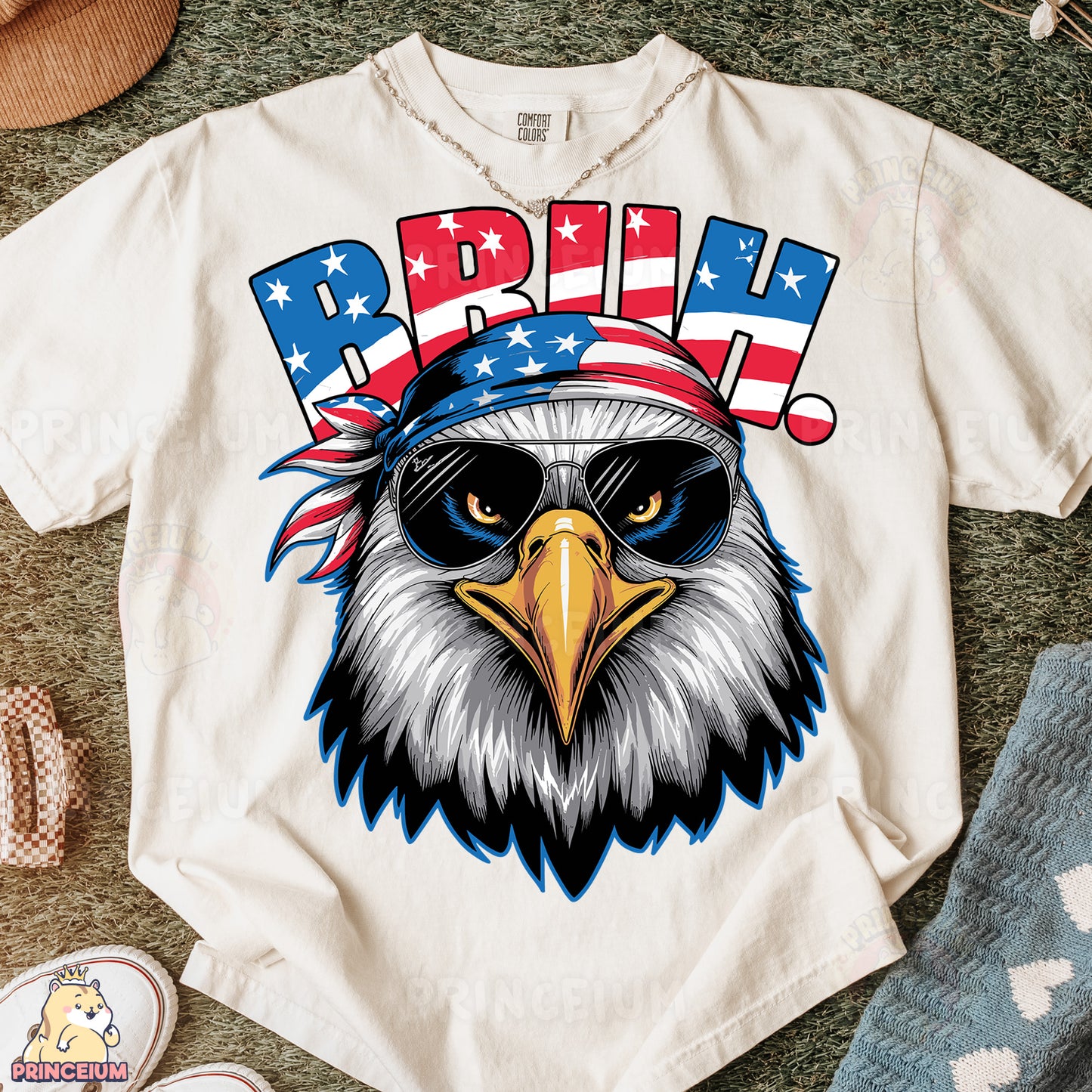 a t - shirt with an eagle wearing a hat and glasses