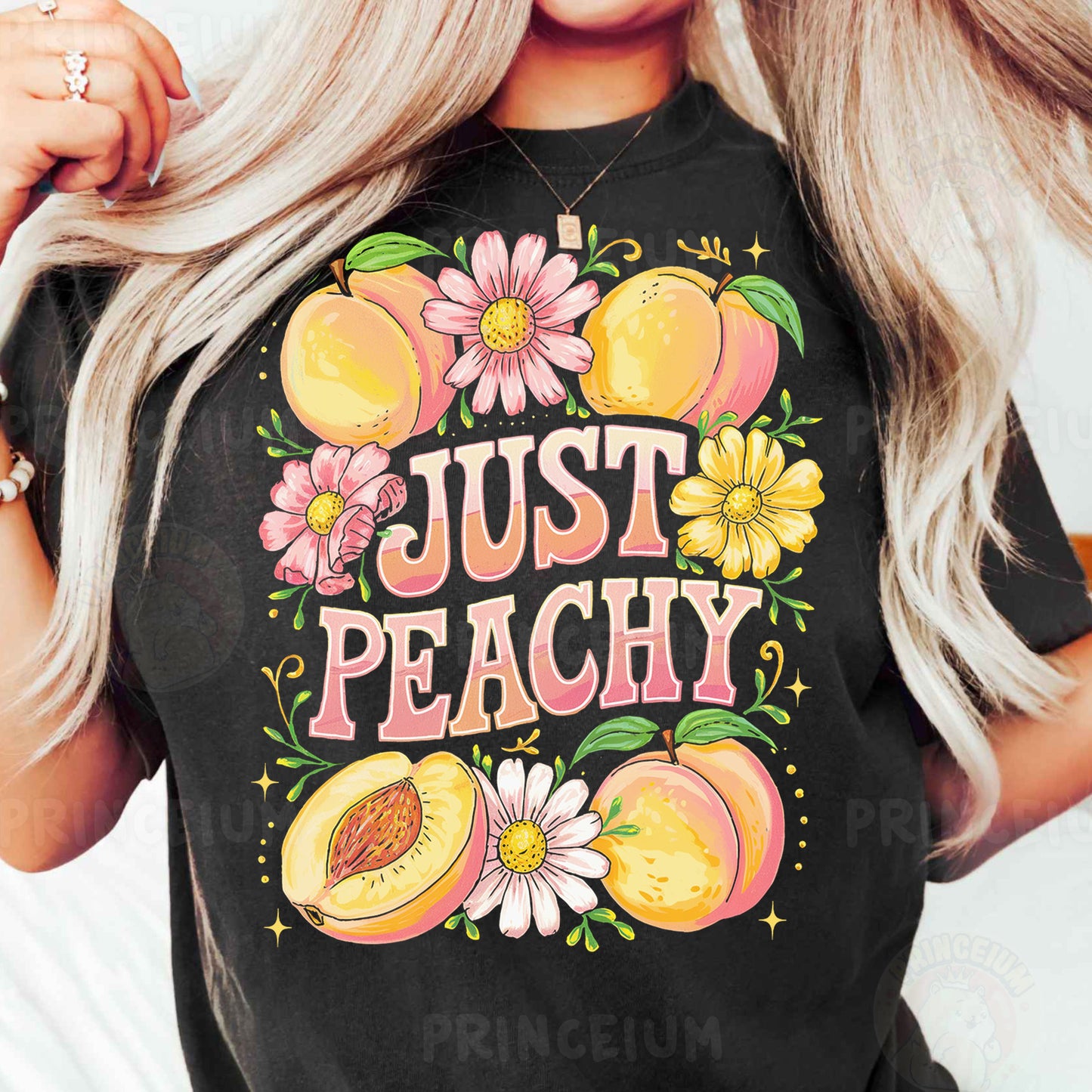 a woman wearing a t - shirt that says just peachy