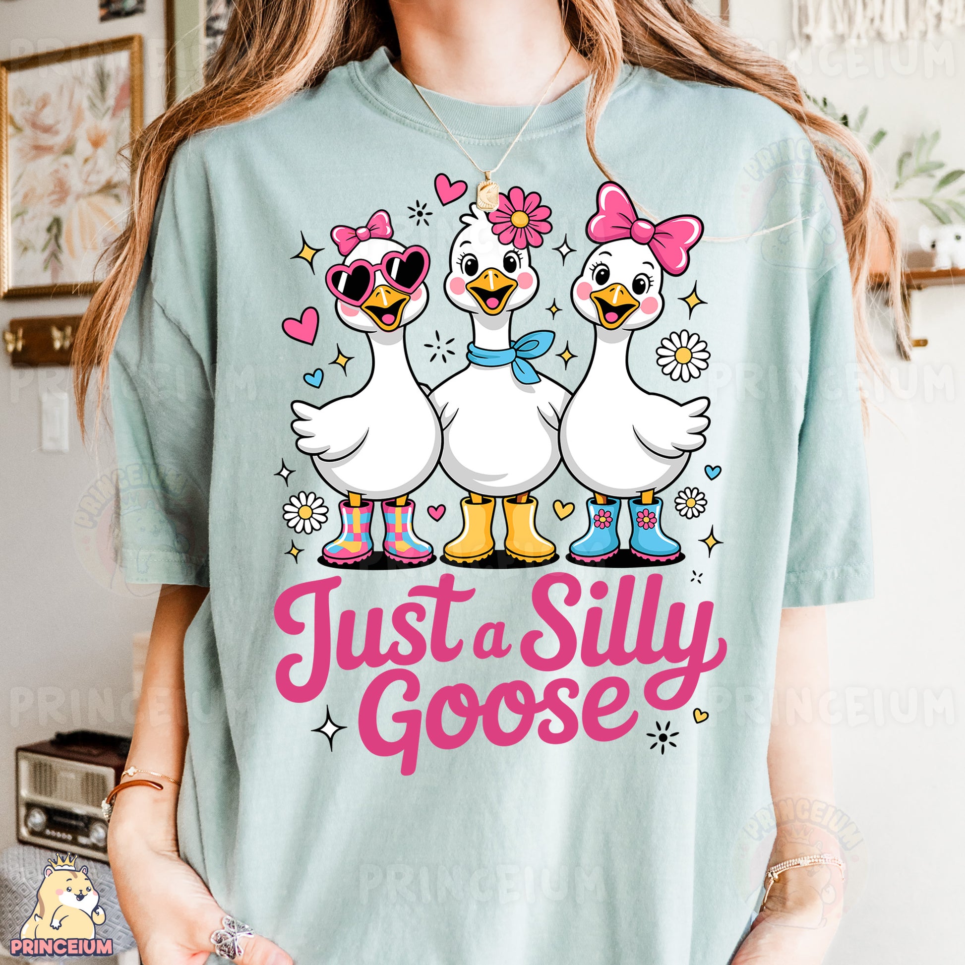 a woman wearing a t - shirt that says just a silly goose