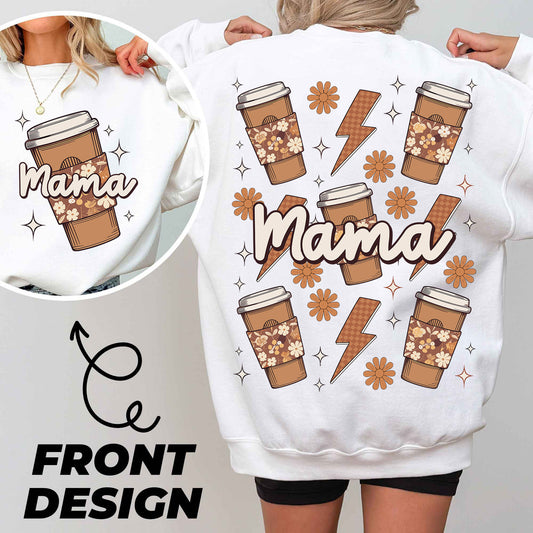 a woman wearing a white sweatshirt with a picture of a cup of coffee on it