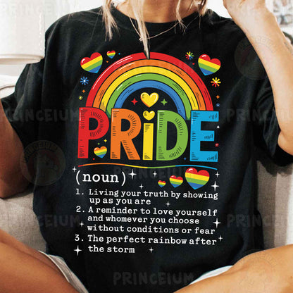 a woman sitting on a couch wearing a pride t - shirt