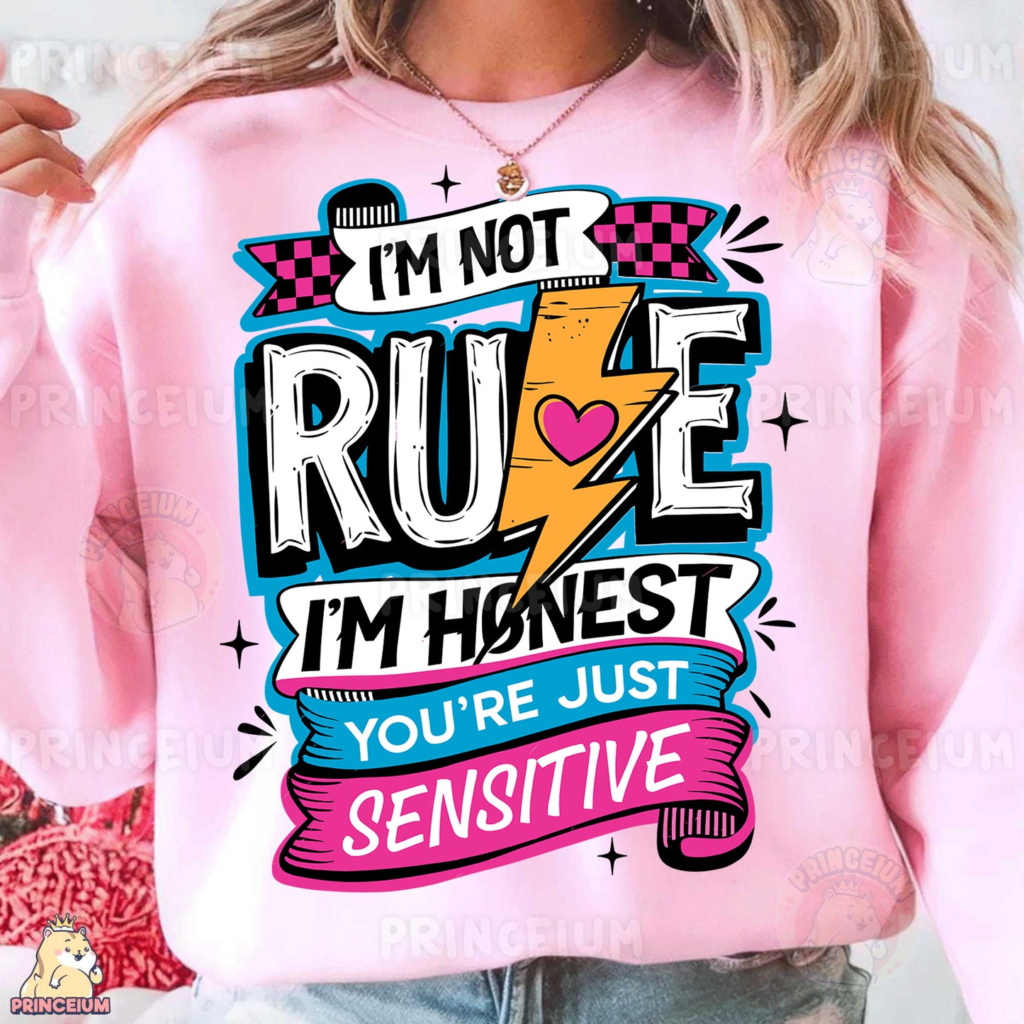 a woman wearing a pink sweatshirt that says i'm not rude i'm