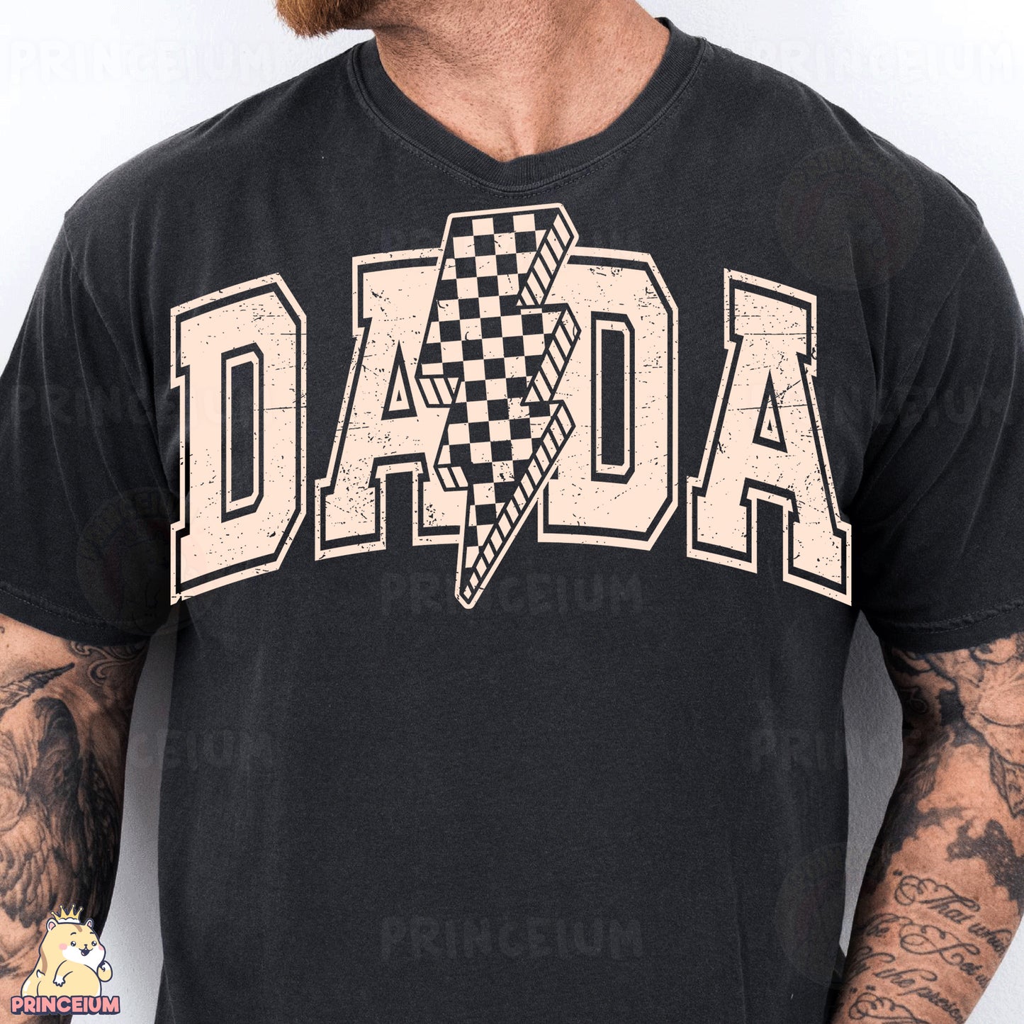 a man wearing a black shirt with a checkered design on it