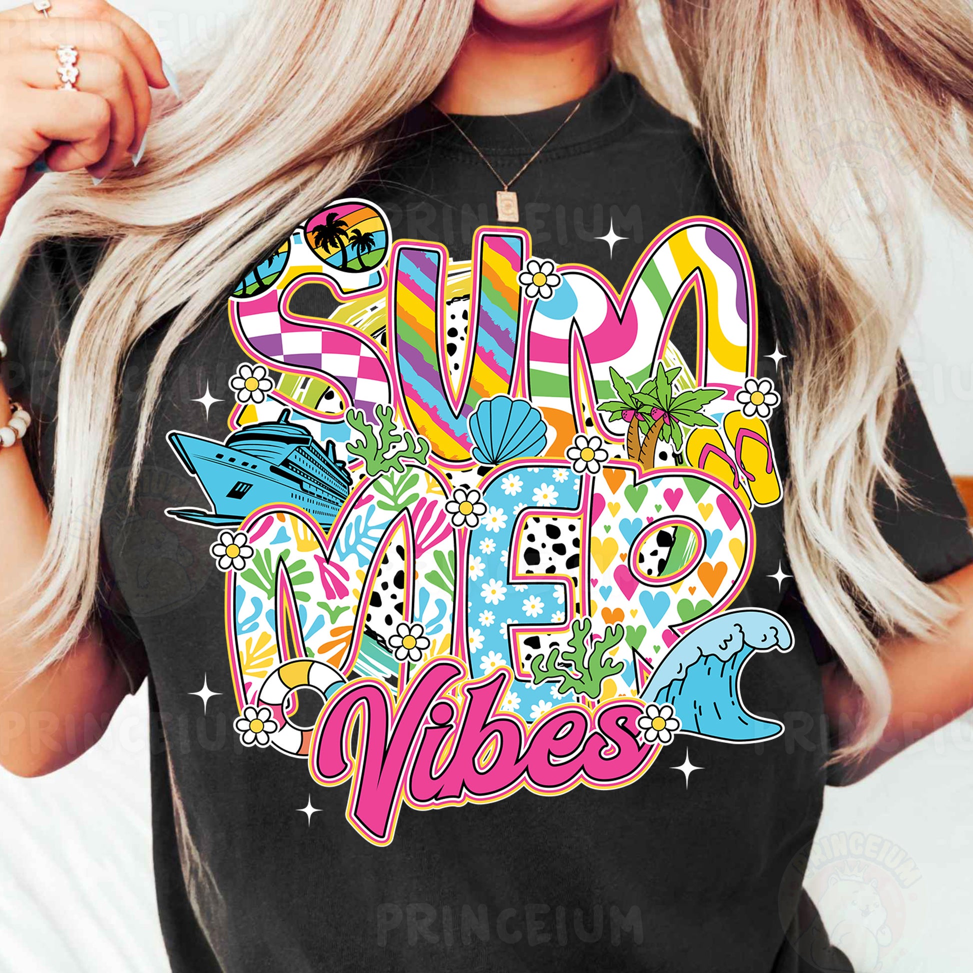 a woman wearing a black shirt that says summer vibes
