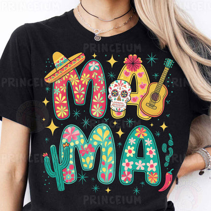 a woman wearing a black t - shirt with a mexican design