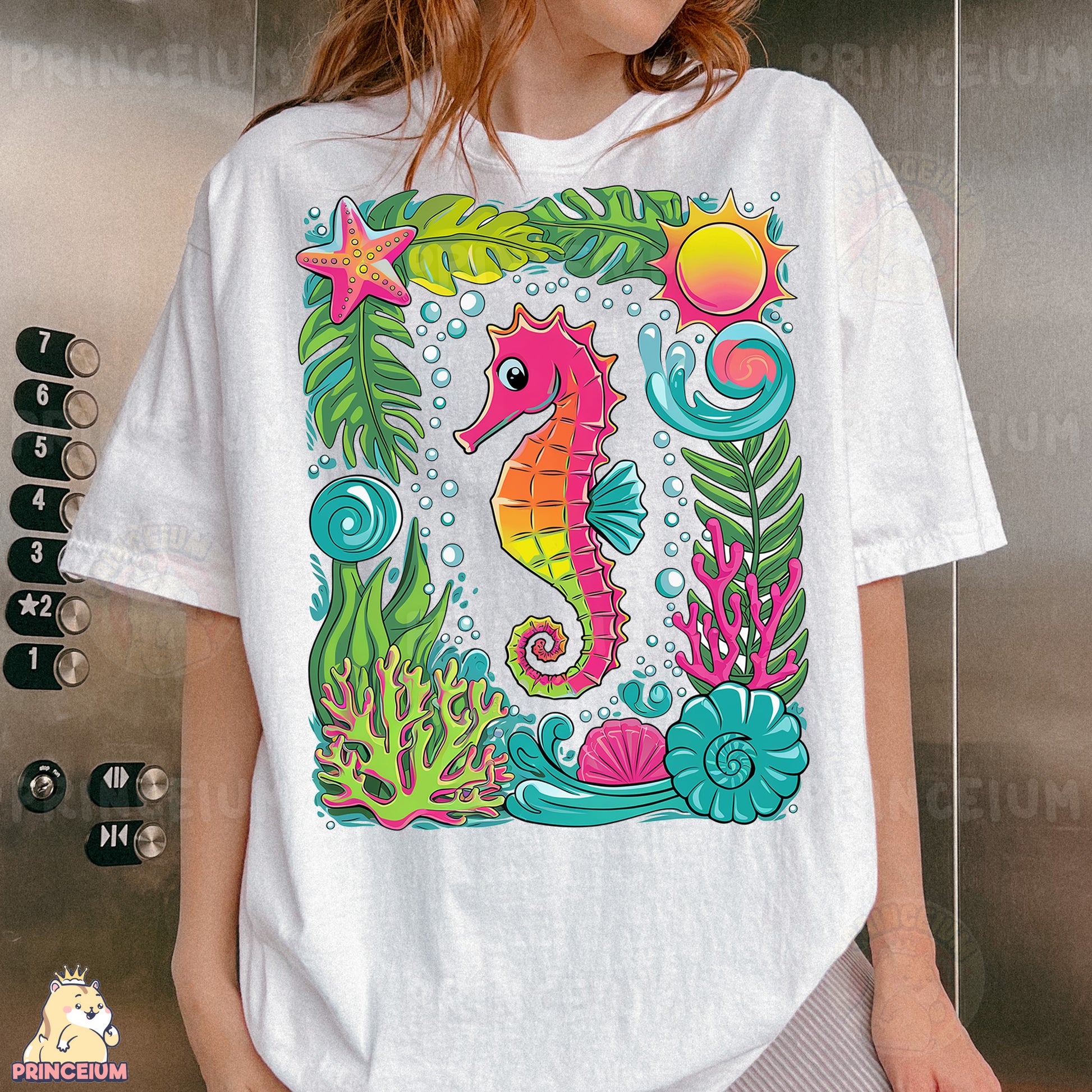 a woman wearing a t - shirt with a sea horse on it
