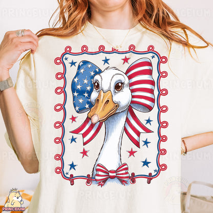 a woman wearing a t - shirt with a picture of a duck on it