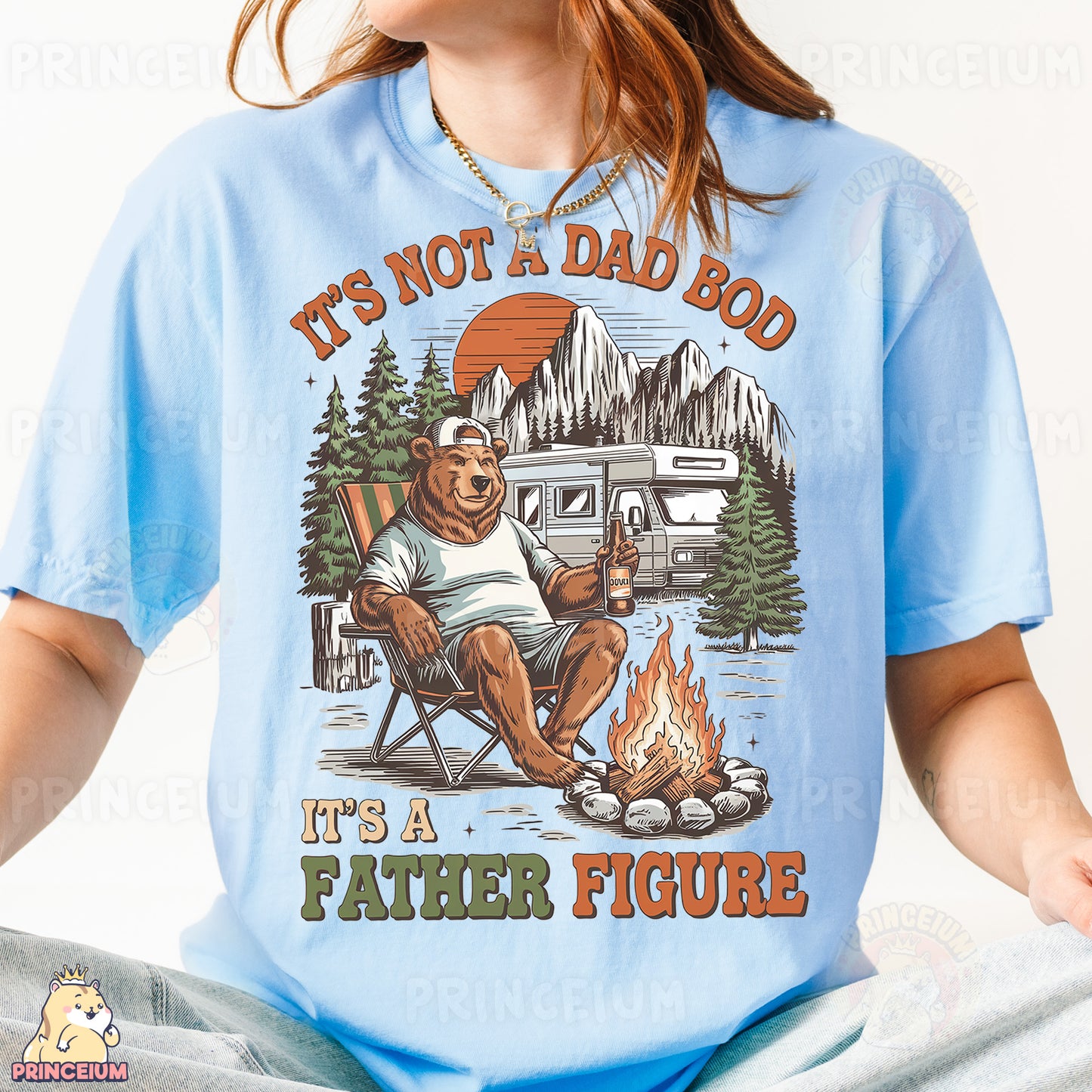 a woman wearing a t - shirt with a picture of a bear sitting in a