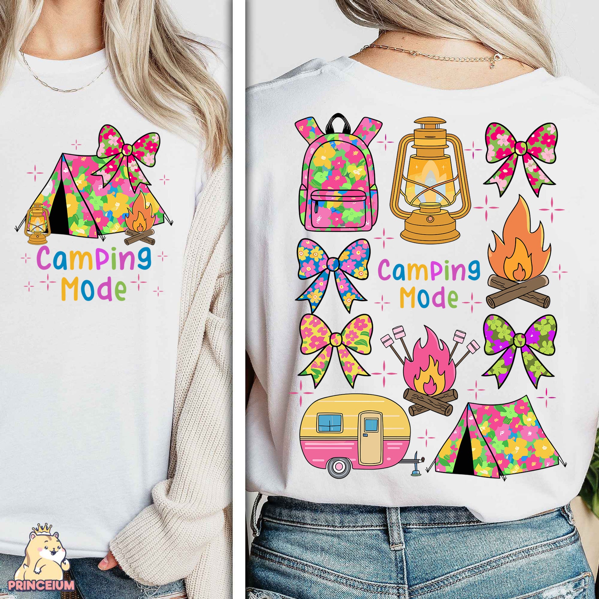 a woman wearing a camping mode t - shirt