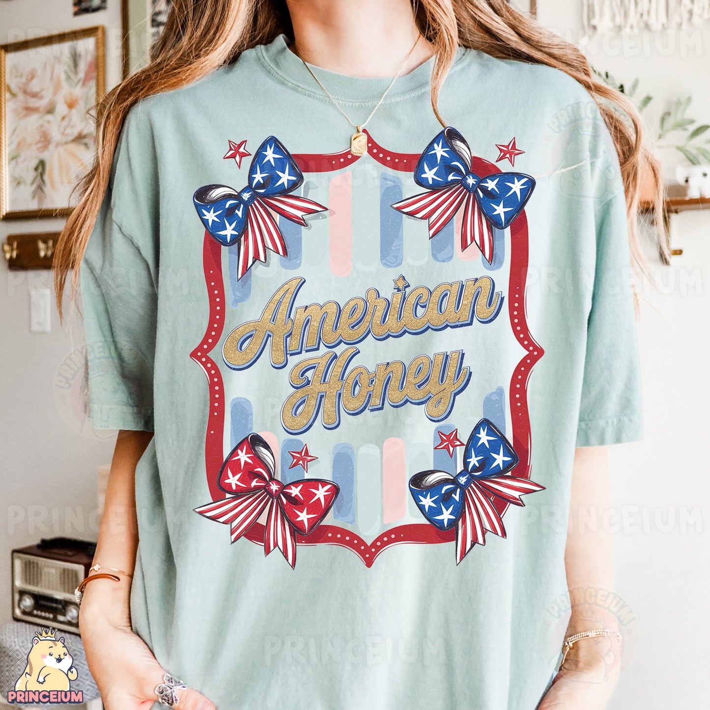 a woman wearing an american honey t - shirt