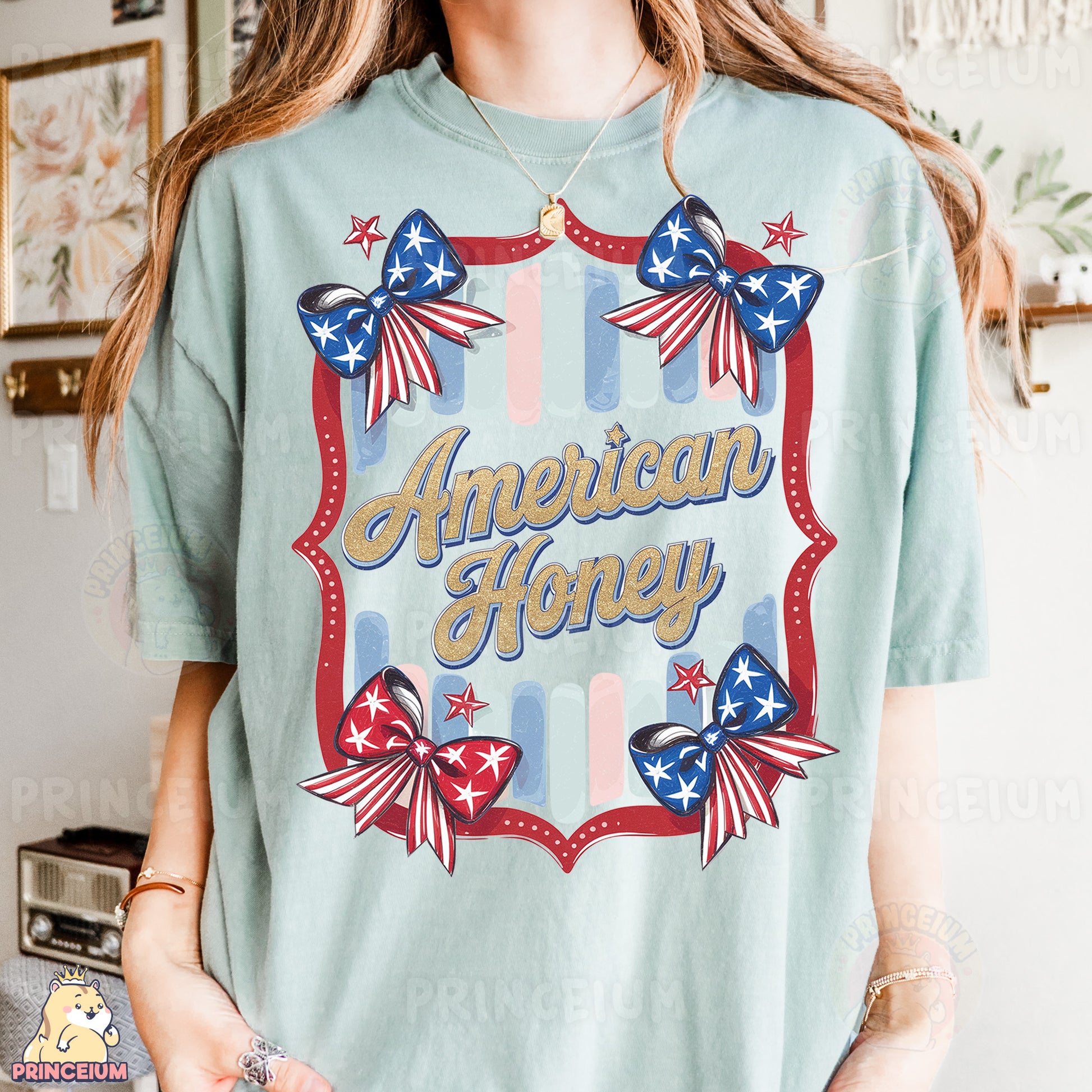 a woman wearing an american honey t - shirt