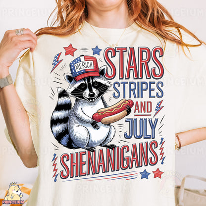 a woman wearing a t - shirt with a raccoon eating a hot dog