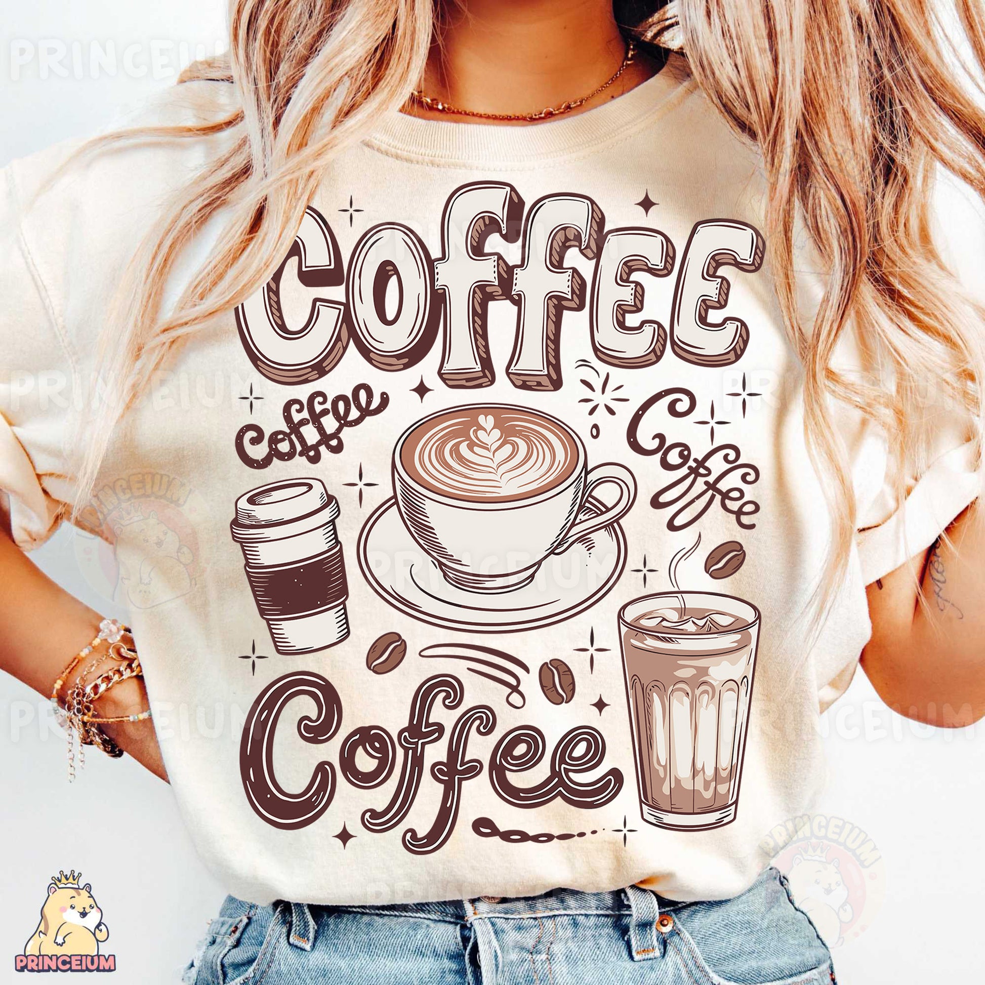 a woman wearing a t - shirt that says coffee