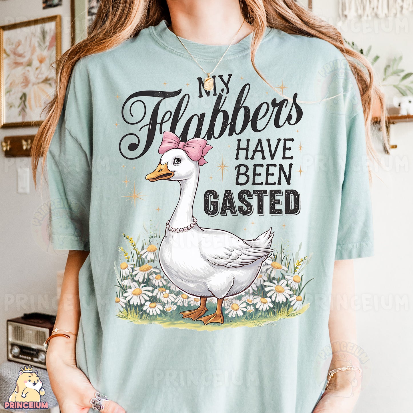 a woman wearing a t - shirt with a picture of a duck on it