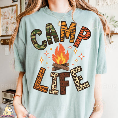 a woman wearing a t - shirt that says camp life