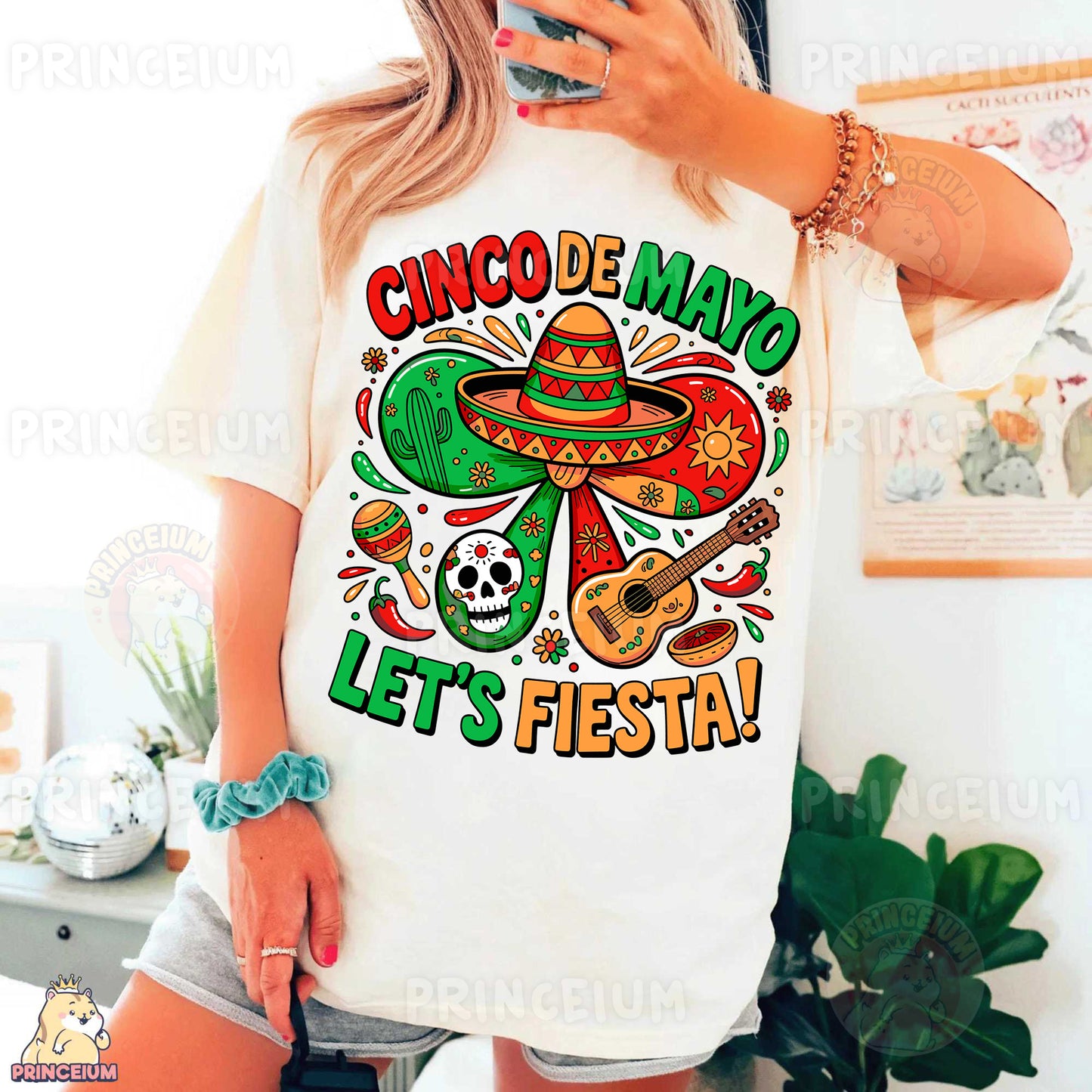 a woman taking a picture of herself wearing a cinco de mayo t - shirt