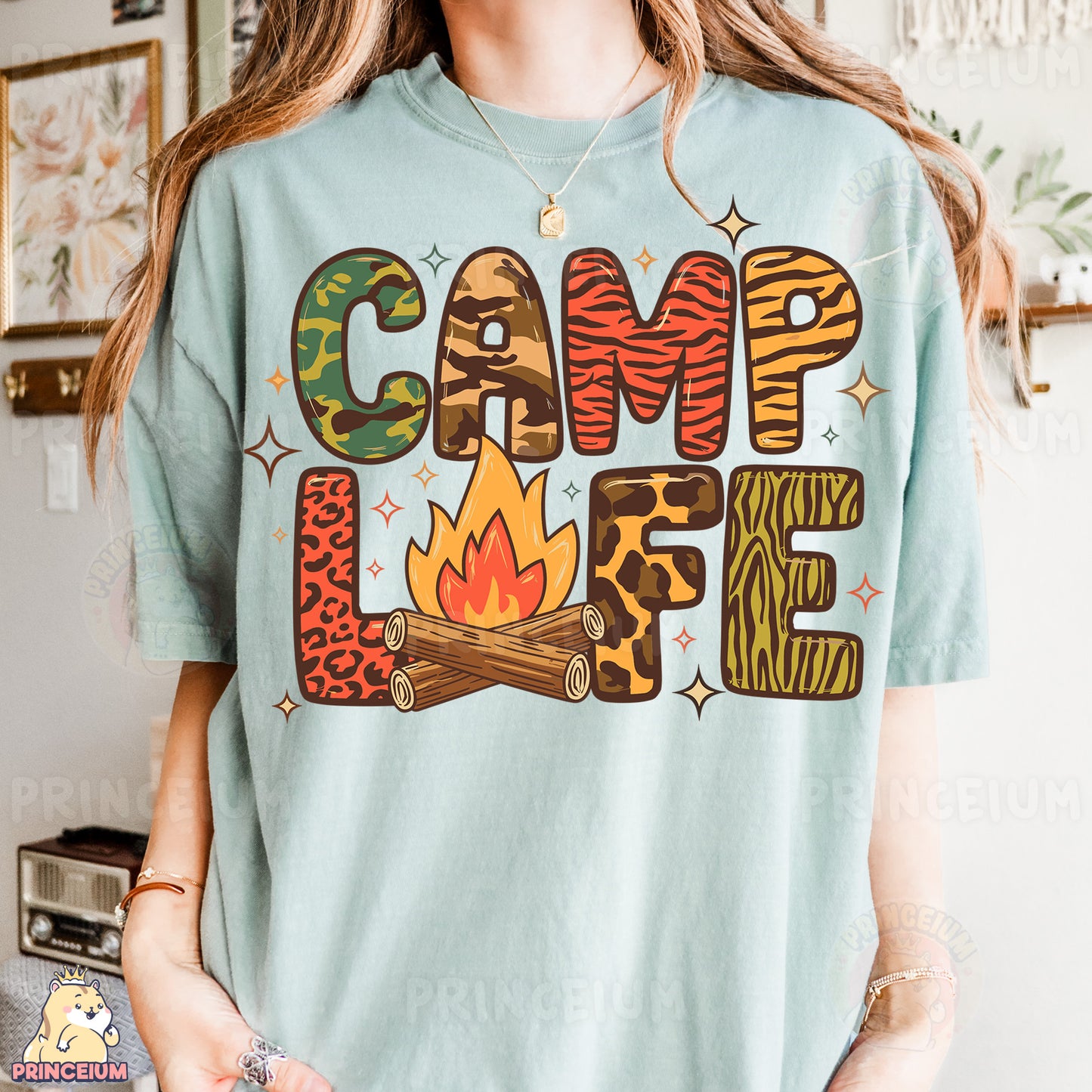 a woman wearing a t - shirt that says camp life