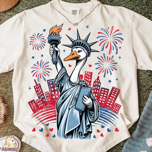a white shirt with a picture of a statue of liberty
