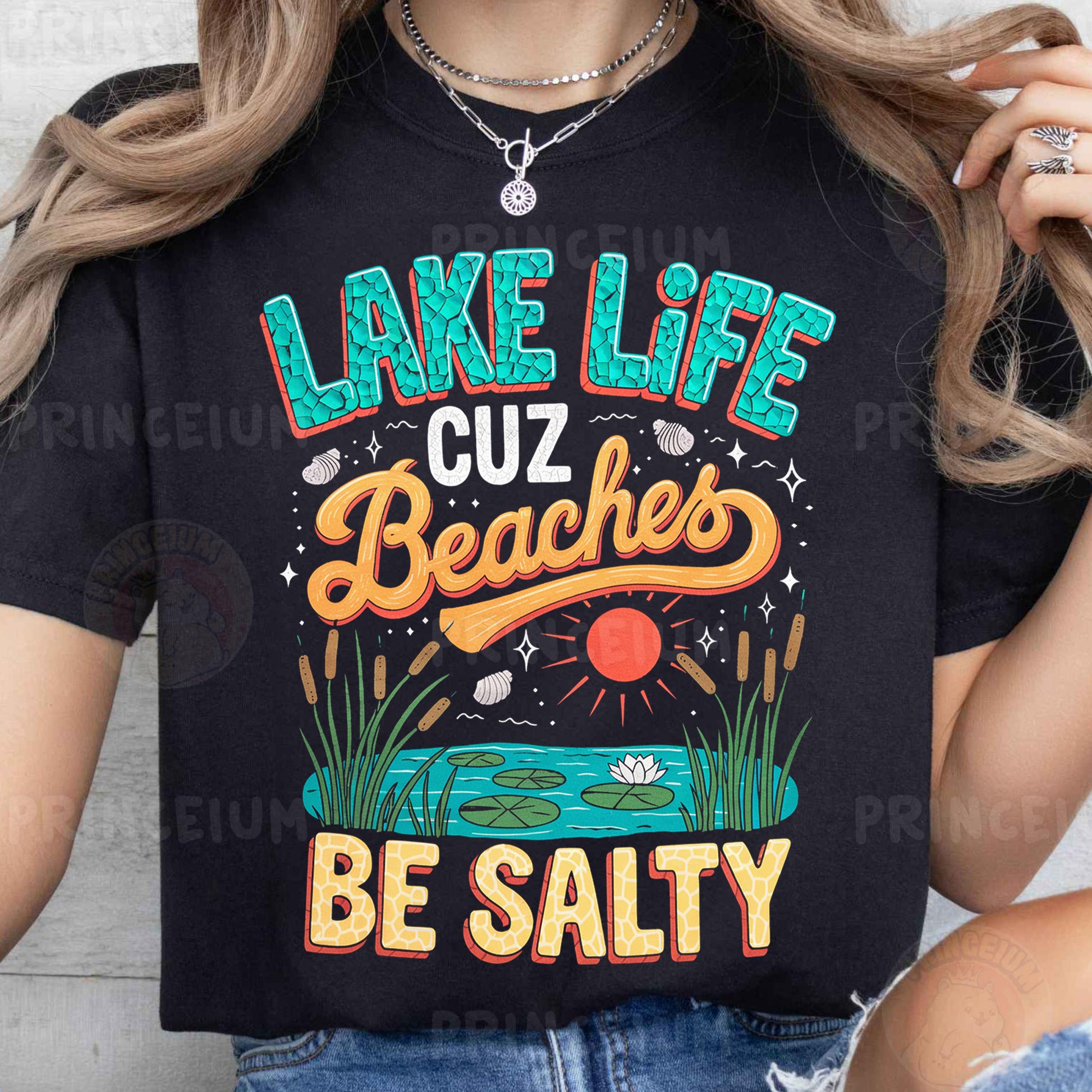 a woman wearing a lake life t - shirt