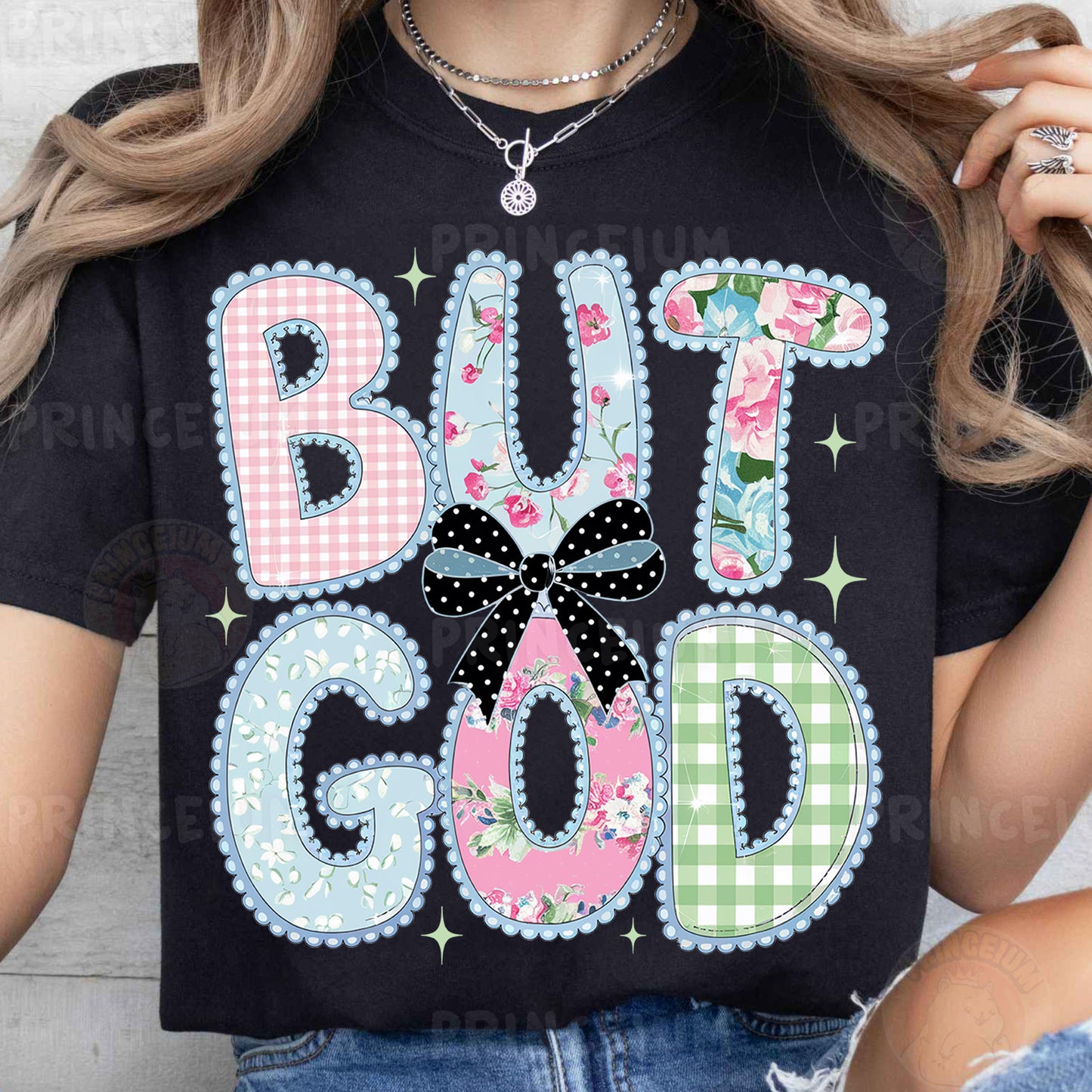 a woman wearing a t - shirt that says but god