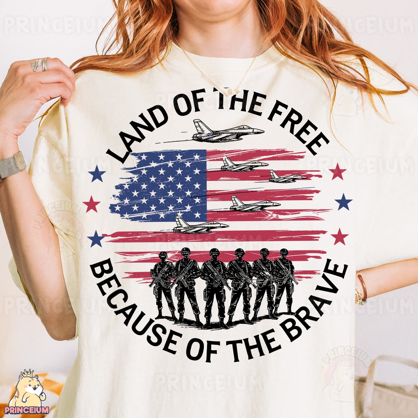 a woman wearing a t - shirt that says land of the free because of the