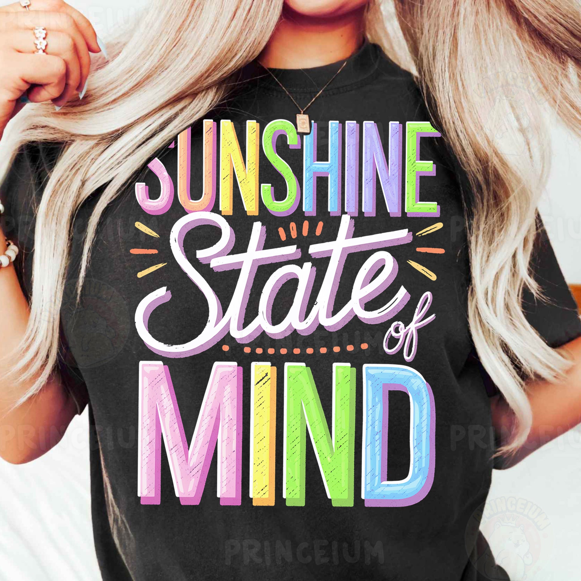 a woman wearing a black shirt that says sunshine state of mind