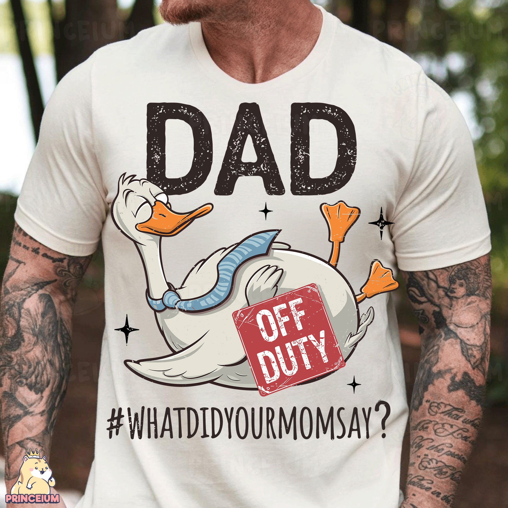 a man wearing a white shirt with a duck on it