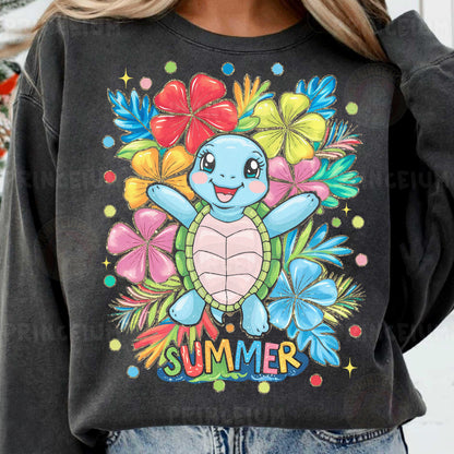 a woman wearing a sweatshirt with a turtle on it