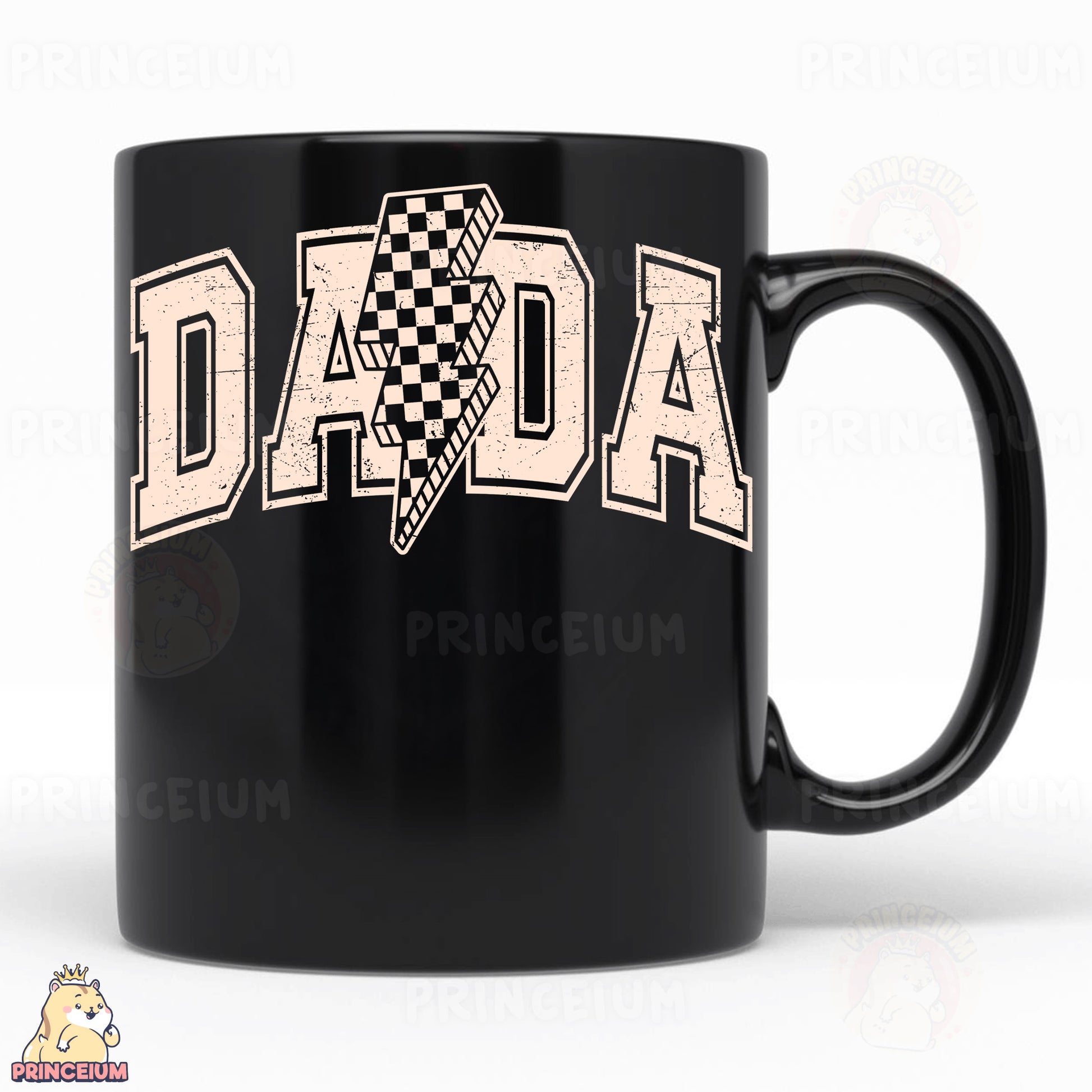 a black coffee mug with the word dad on it