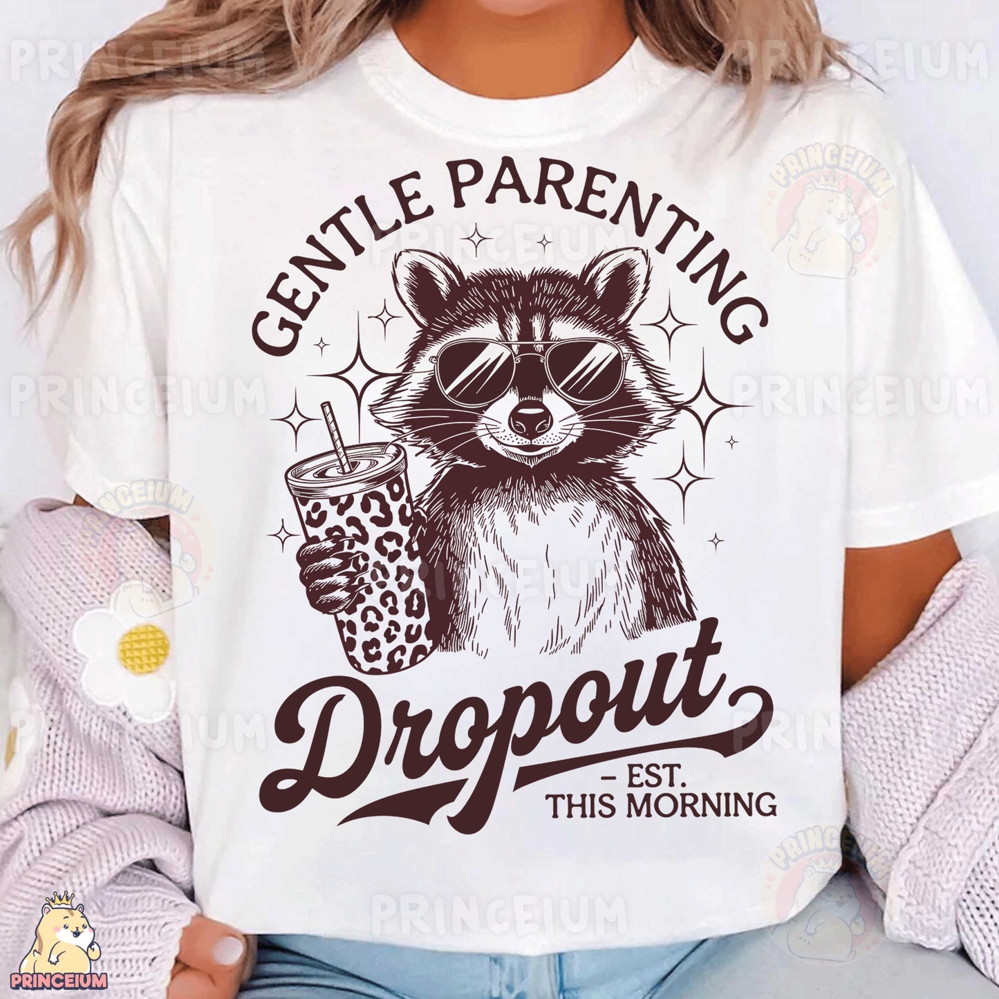 a woman wearing a white shirt with a raccoon holding a drink