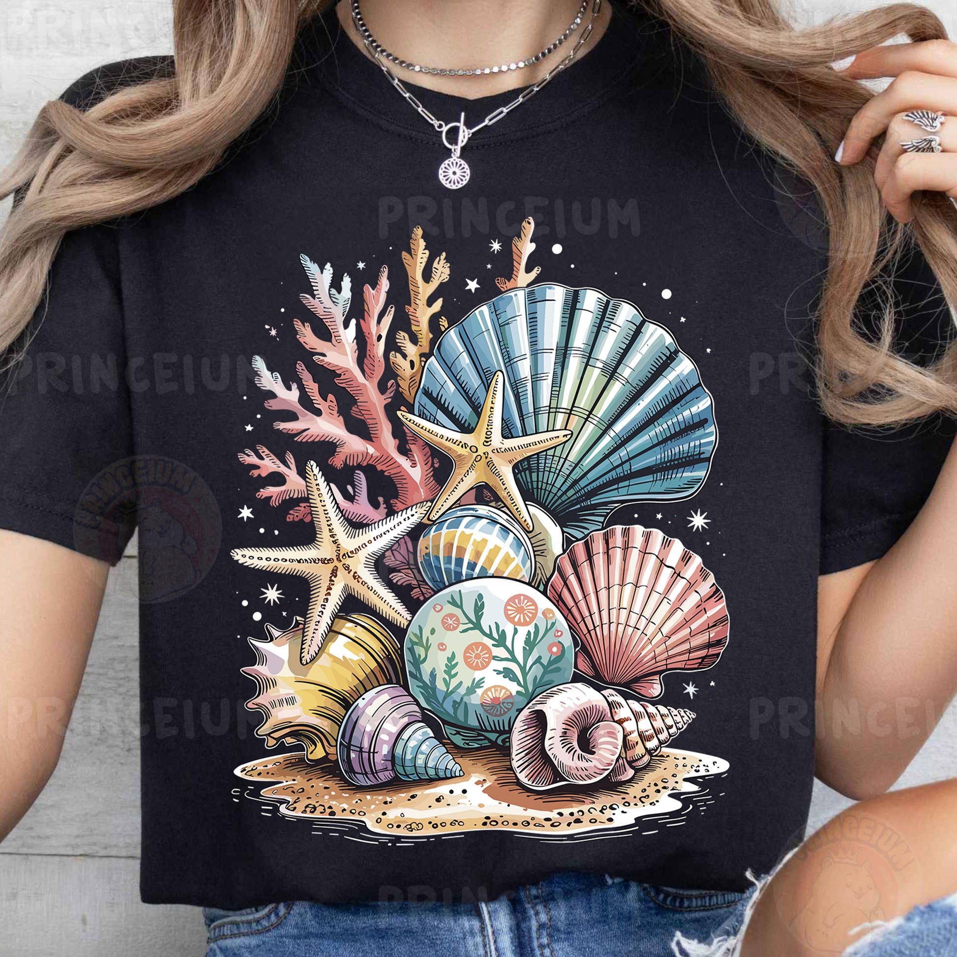 a woman wearing a t - shirt with seashells on it