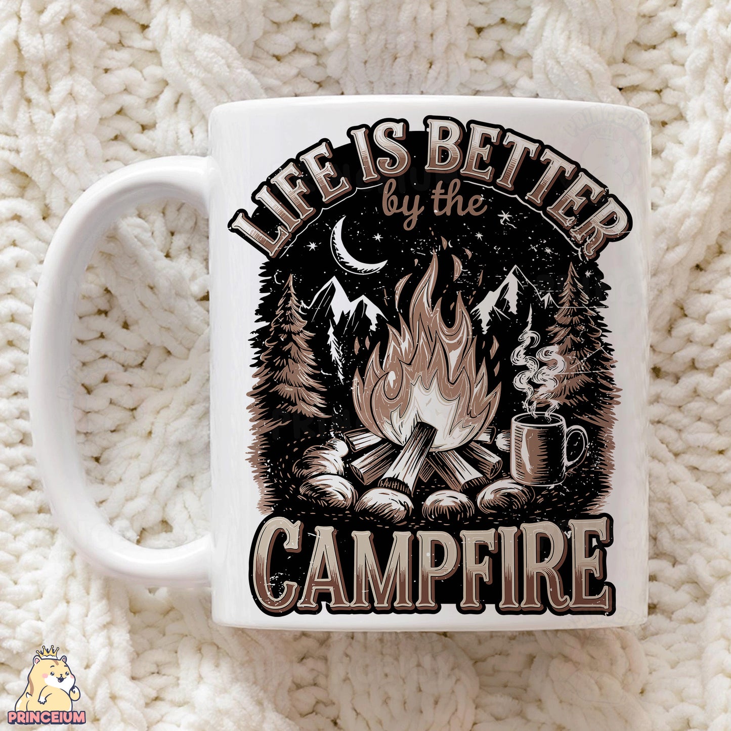 a coffee mug with a campfire design on it