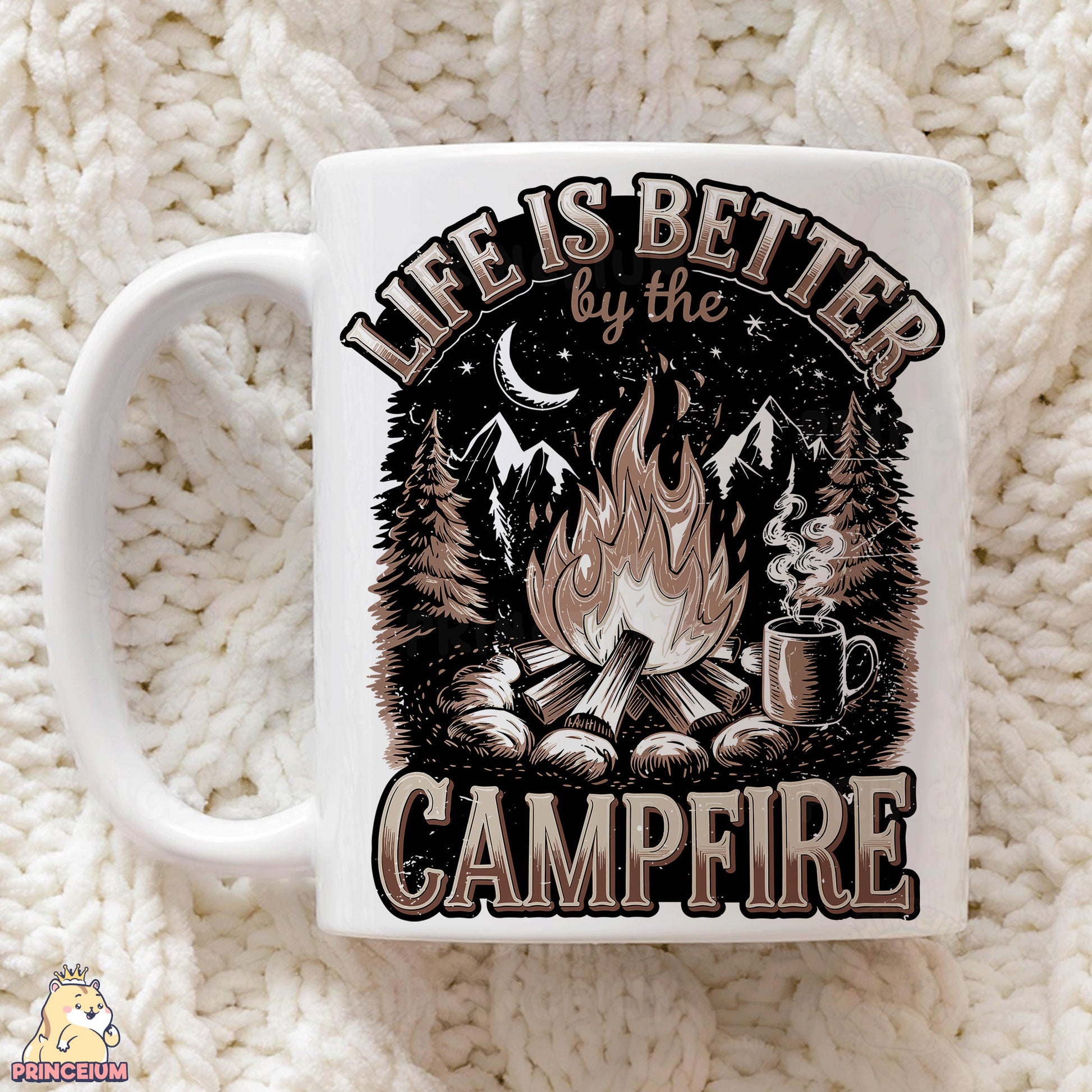 a coffee mug with a campfire design on it