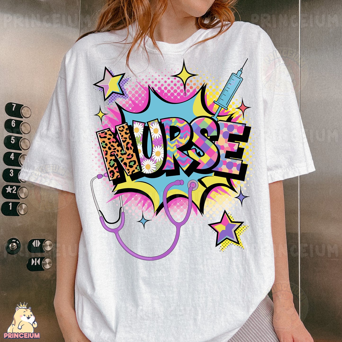 a woman wearing a white t - shirt with the word nurse on it