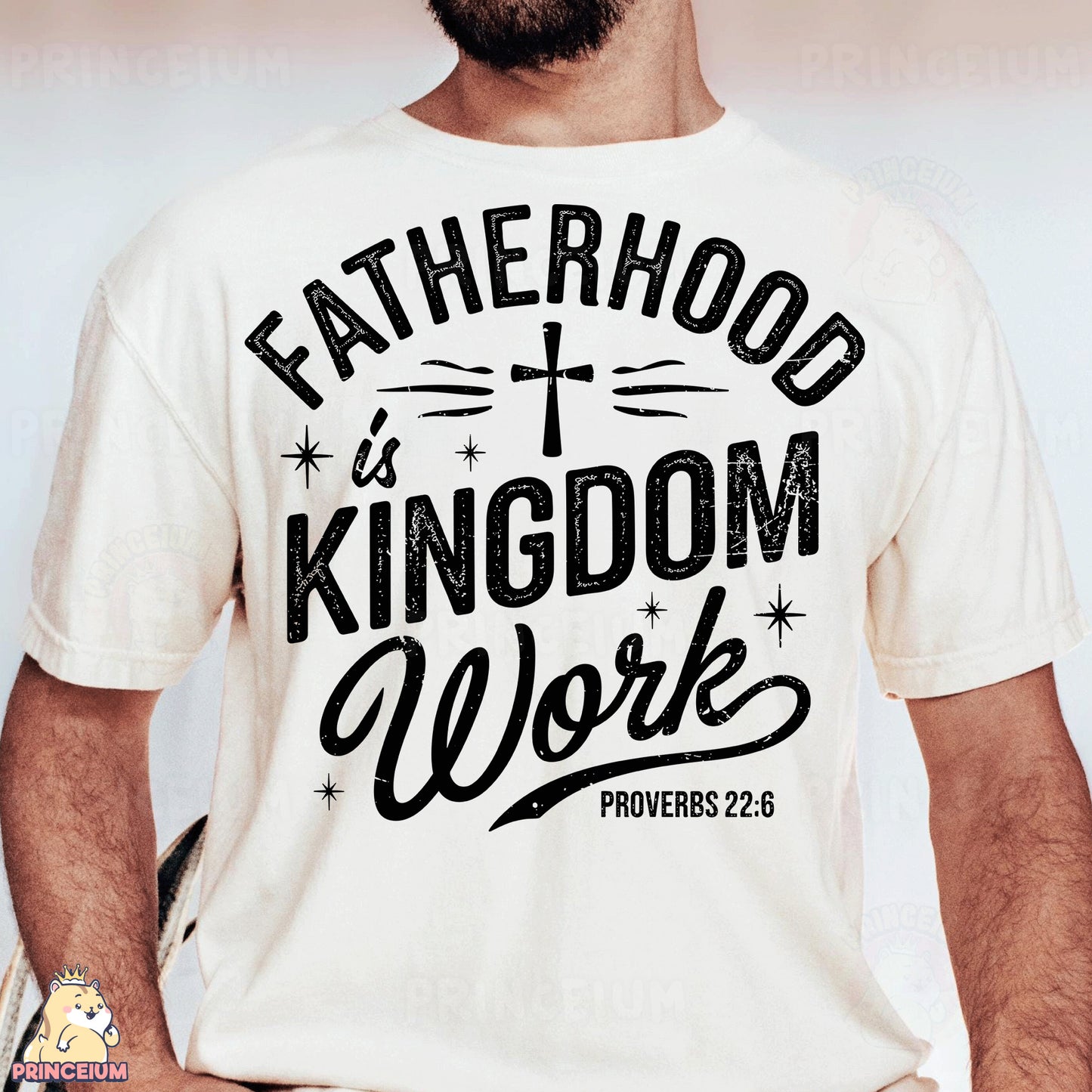 a man wearing a t - shirt that says fatherhood is kingdom work