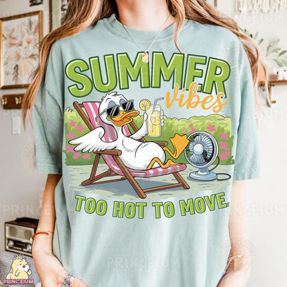 a woman wearing a t - shirt that says summer vibes too hot to move