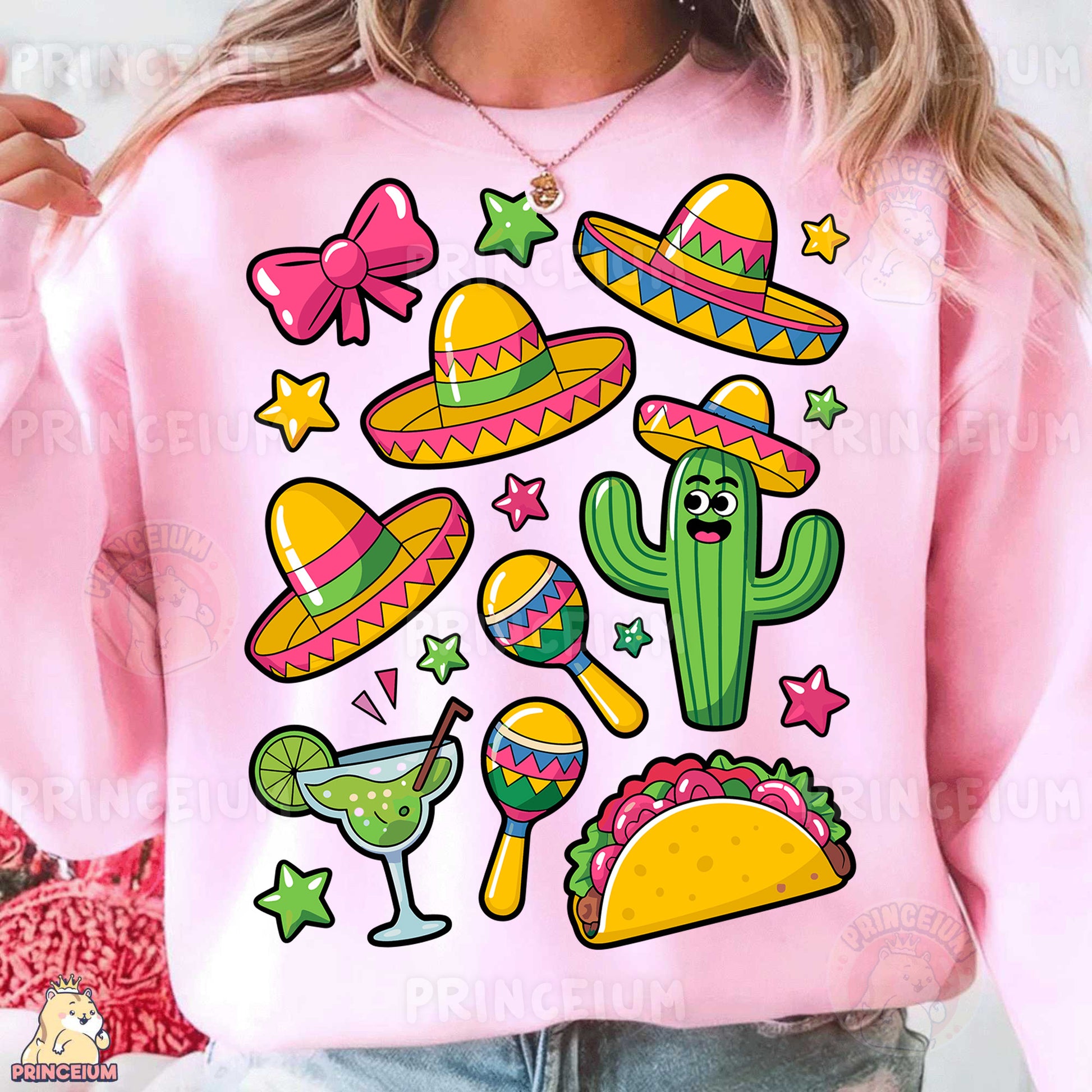 a woman wearing a pink sweatshirt with mexican themed items on it