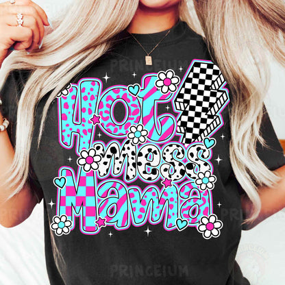 a woman wearing a black t - shirt with the words hot mom on it