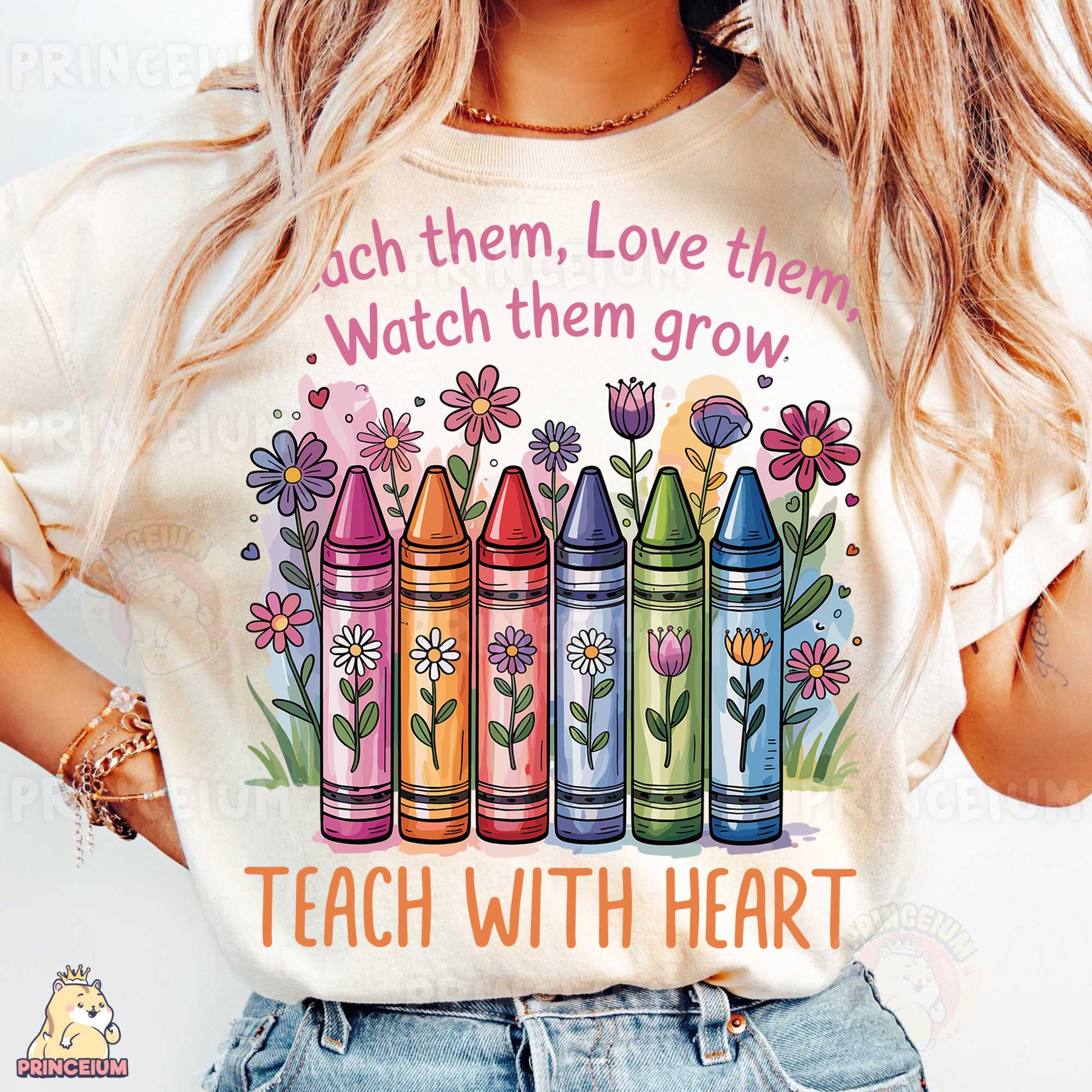 a woman wearing a t - shirt that says teach with heart
