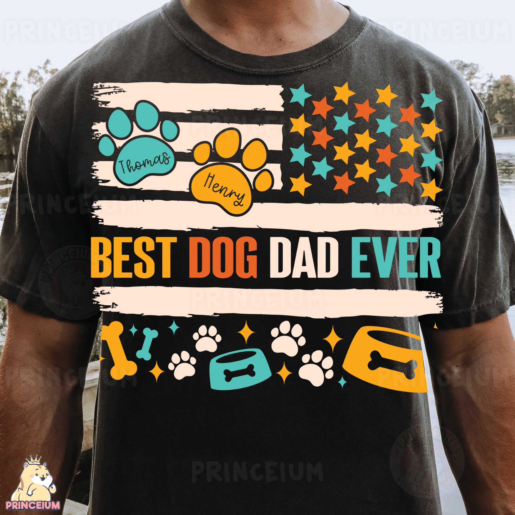 a man wearing a t - shirt that says best dog dad ever