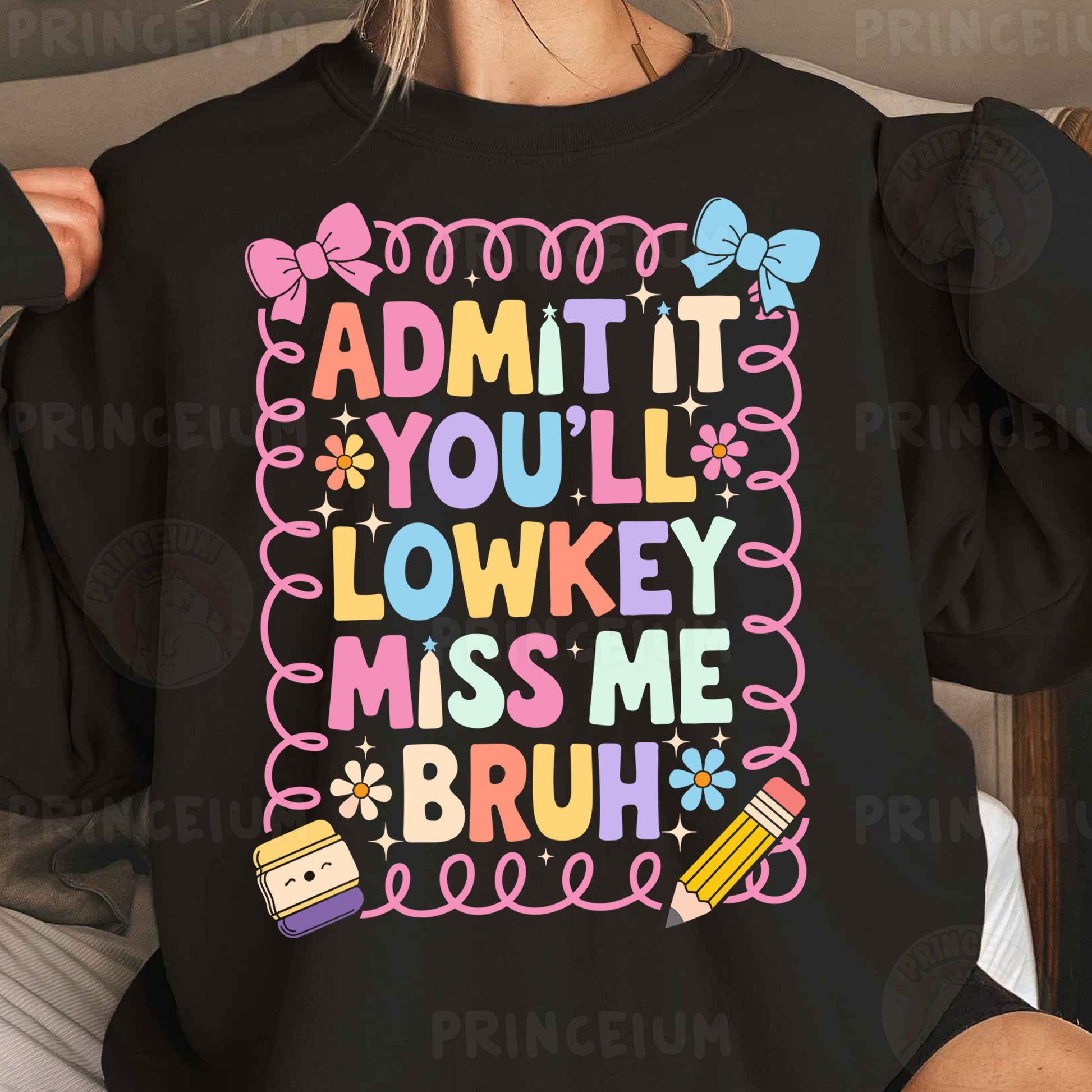 a woman wearing a black sweatshirt that says admit it you'll lowkey