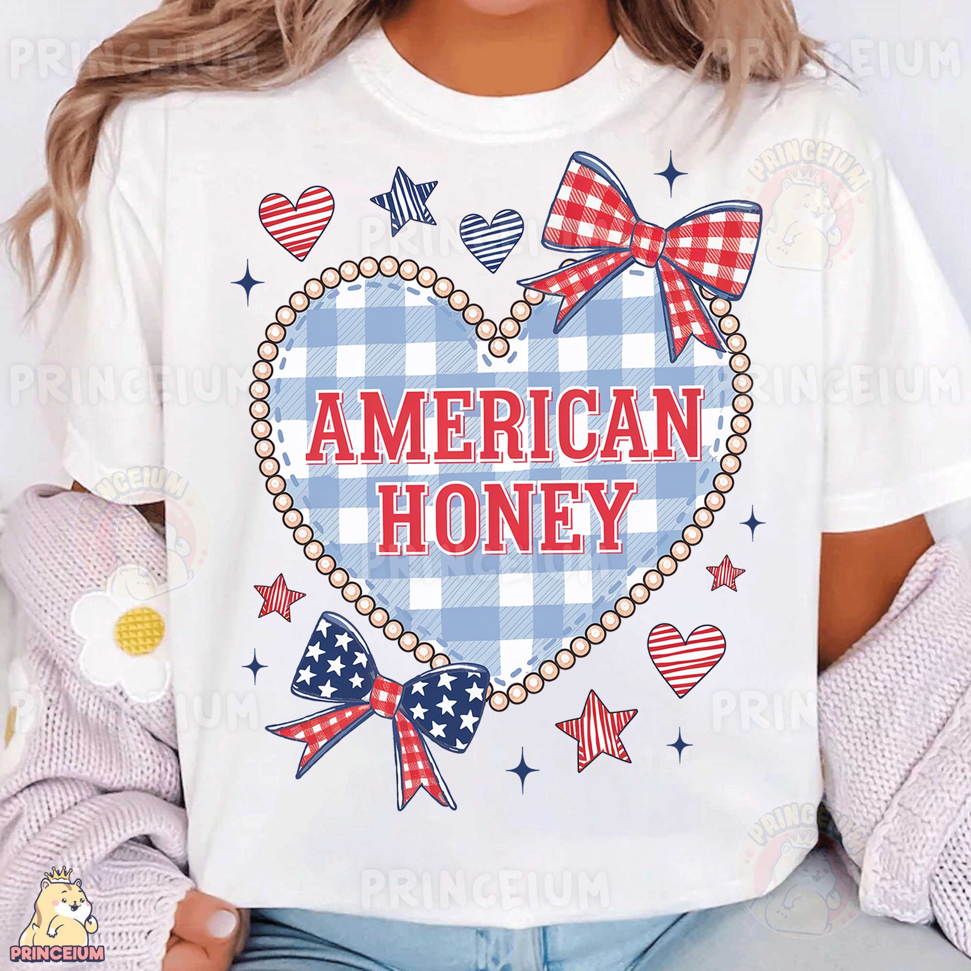 a woman wearing a white american honey t - shirt