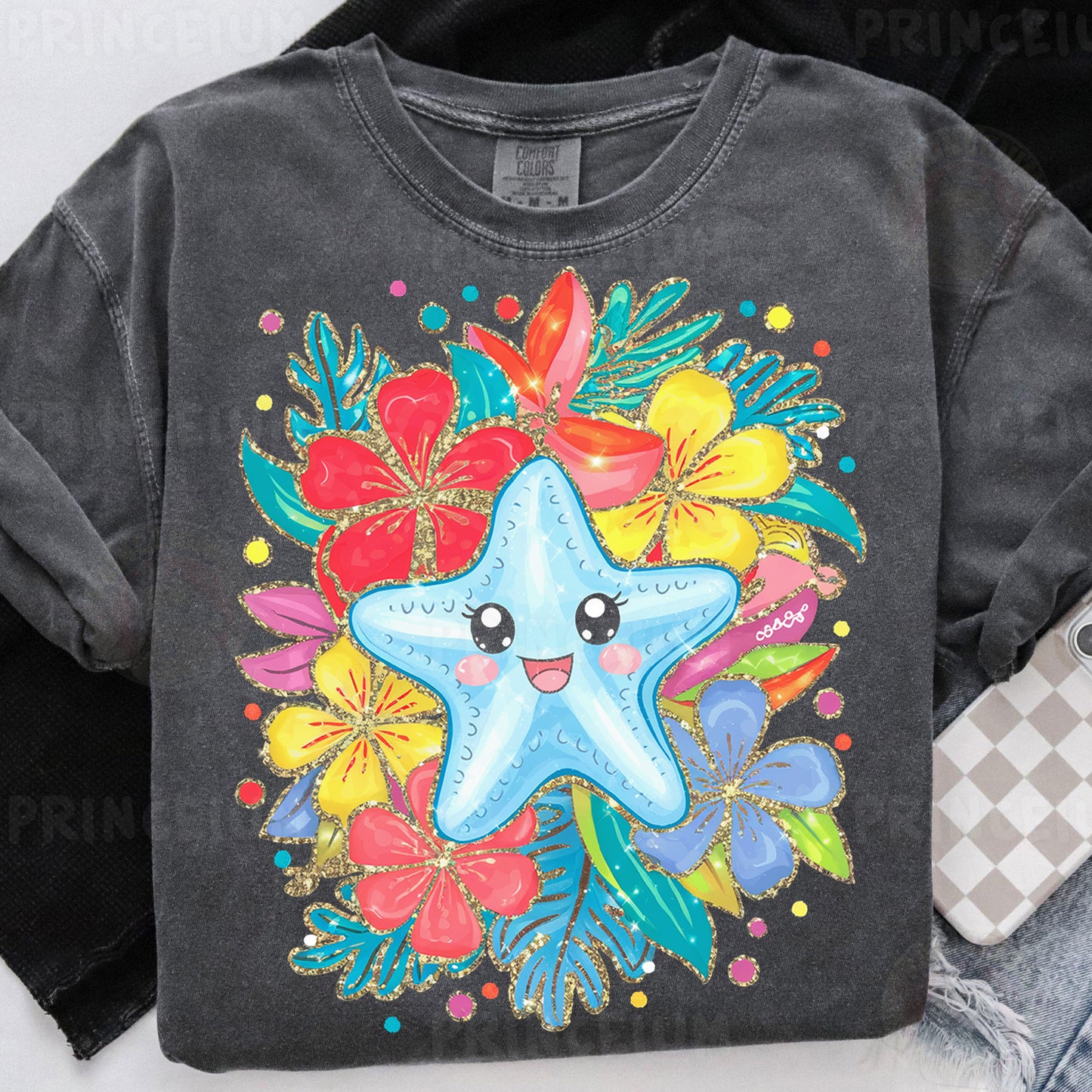 a t - shirt with a starfish and flowers on it