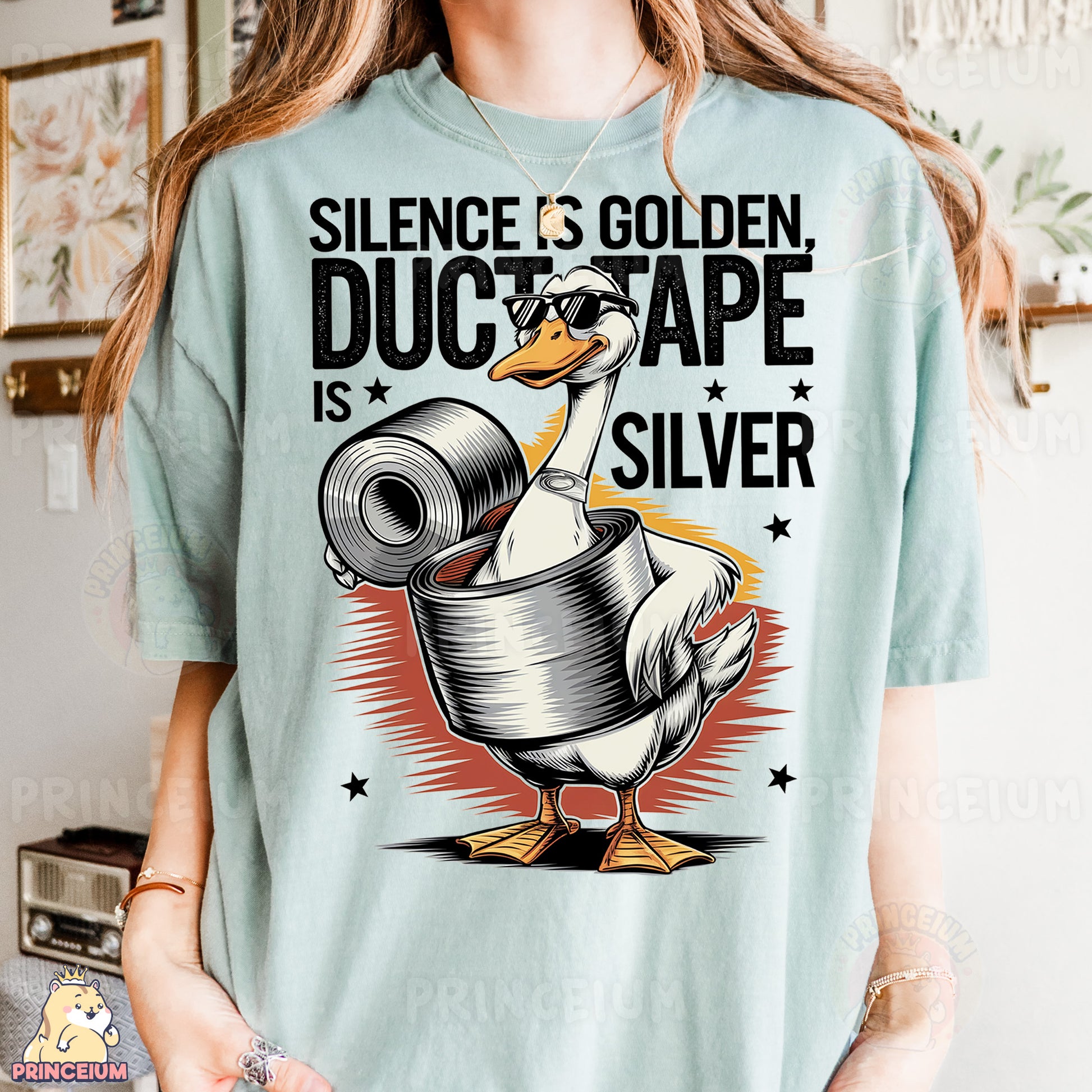 a woman wearing a t - shirt with a duck on it