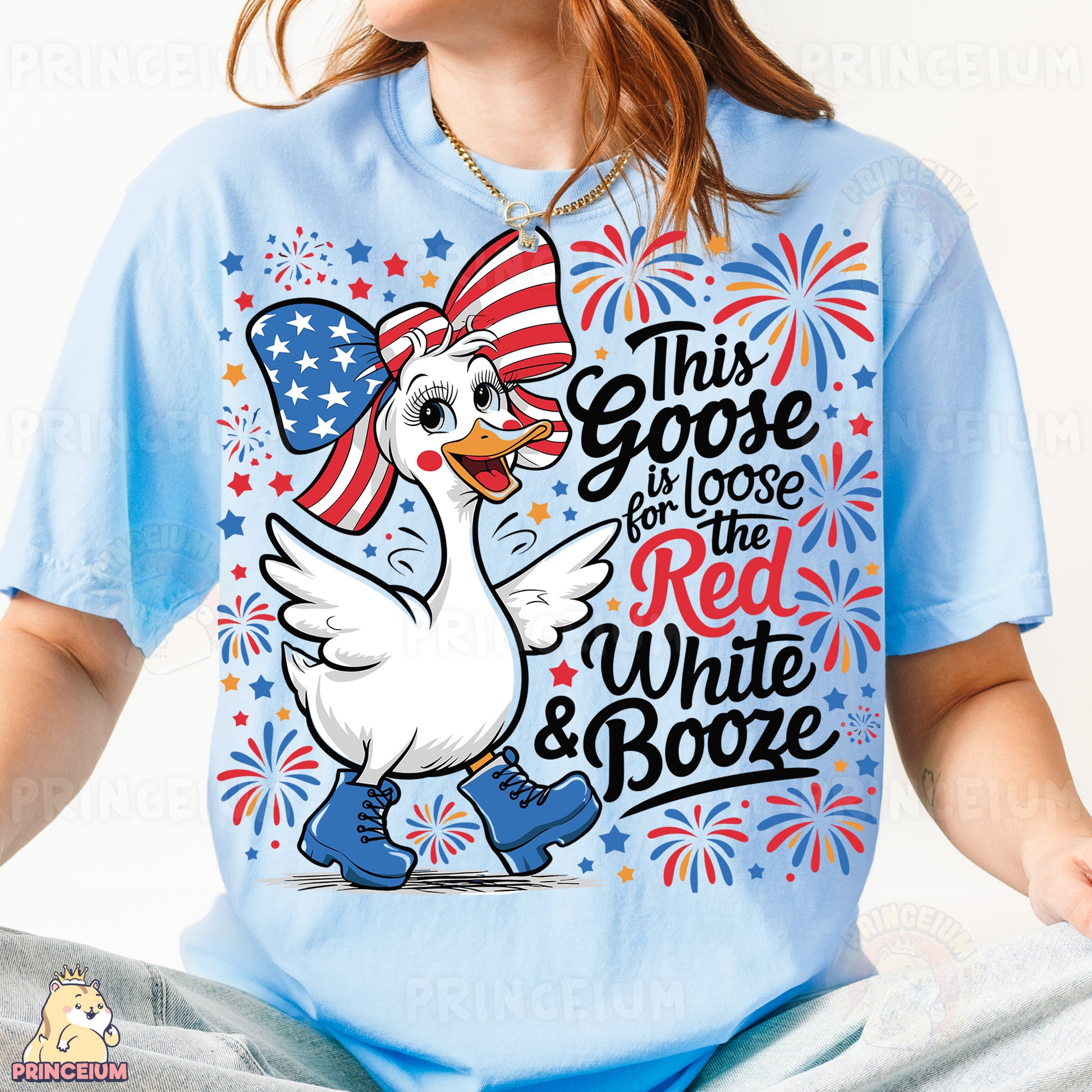 a woman wearing a blue t - shirt with an american flag on it