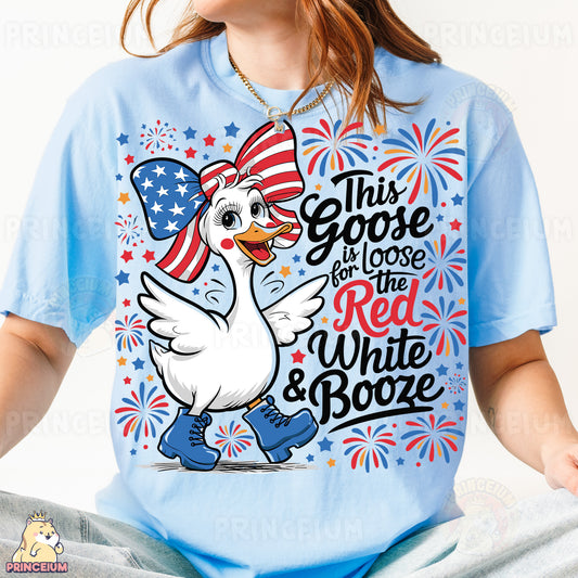 a woman wearing a blue t - shirt with an american flag on it